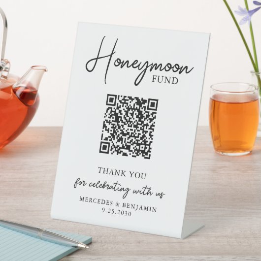 Honeymoon Fund Simple Handwriting QR Code Wedding Sockelschild (In Situ)