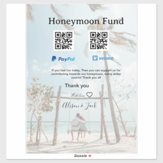 Honeymoon fund venomo paypal donation Q R couple Aufkleber (Blatt)
