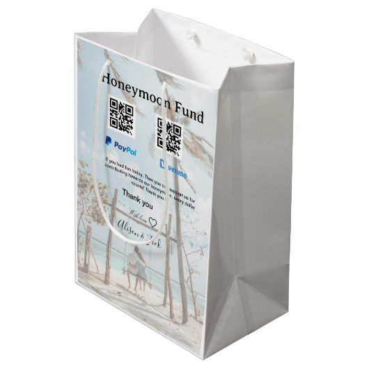 Honeymoon fund venomo paypal donation Q R couple Mittlere Geschenktüte (Rückseite Schrägansicht)