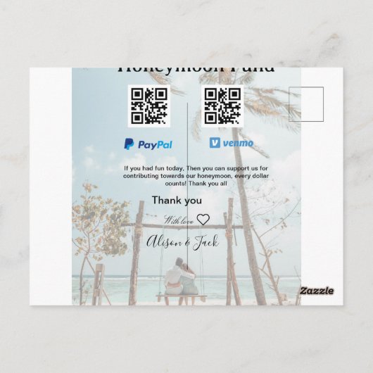 Honeymoon fund venomo paypal donation Q R couple Postkarte (Rückseite)