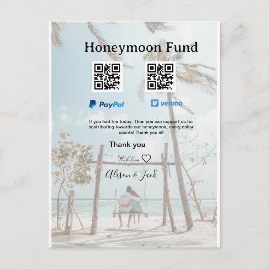 Honeymoon fund venomo paypal donation Q R couple Postkarte (Vorderseite)