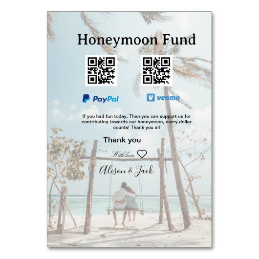 Honeymoon fund venomo paypal donation Q R couple Tischnummer (Rückseite)