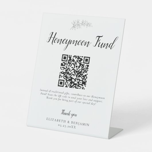 Honeymoon Fund Wedding QR Code Minimal Elegant Sockelschild (Vorderseite)