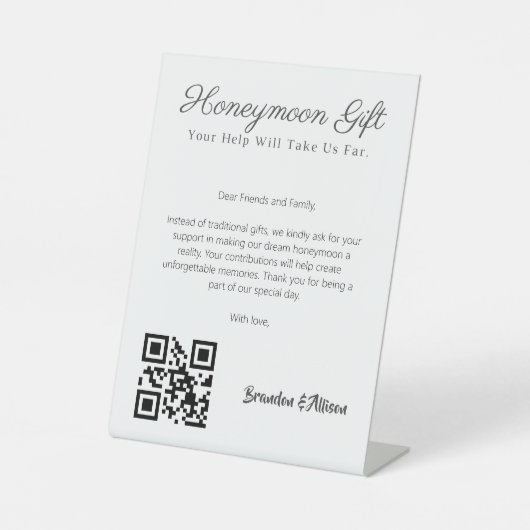 Honeymoon Fund Wedding Registry Geschenk Qr Code Sockelschild (Vorderseite)