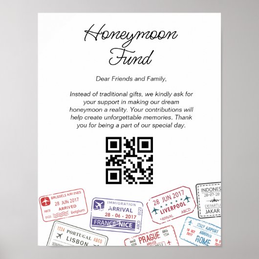 Honeymoon Fund Wedding Registry Qr Code Passport Poster (Vorne)