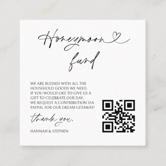 Honeymoon Fund Wedding Request Enclosure QR Card Quadratische Visitenkarte (Vorderseite)