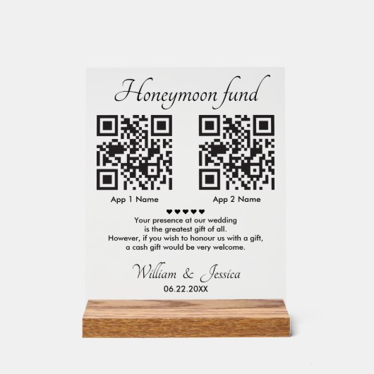 Honeymoon Fund With 2 QR Code Acrylschild (Vorderseite)