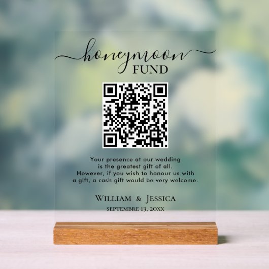 Honeymoon Fund With QR Code Acrylschild (Neutral)