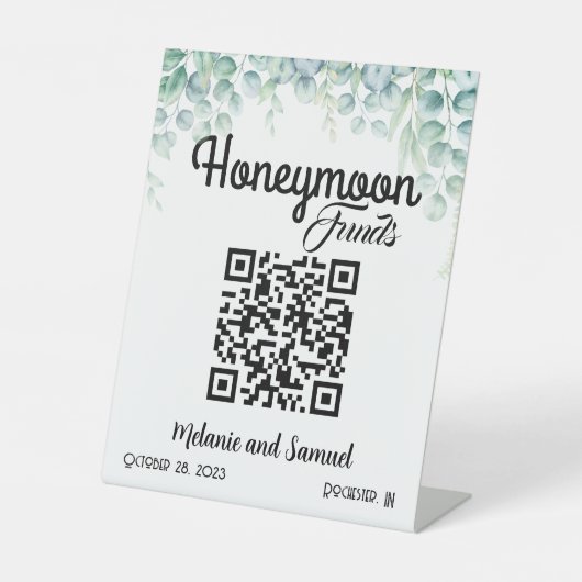 Honeymoon Funds QR Code Eucalyptus Wedding Sockelschild (Vorderseite)