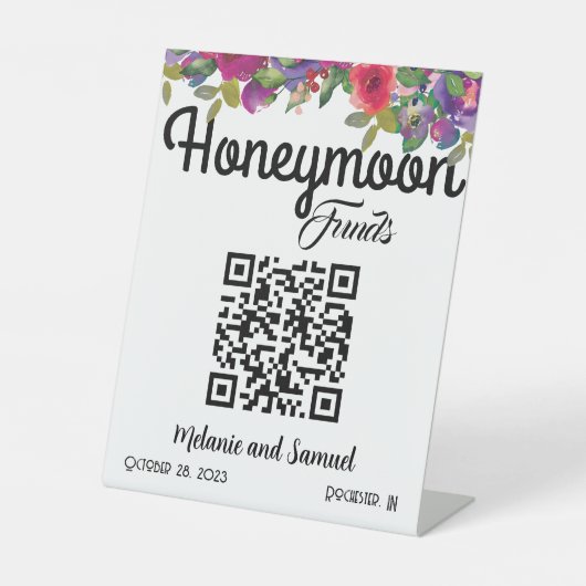 Honeymoon Funds QR Code Floral Wedding Sockelschild (Vorderseite)