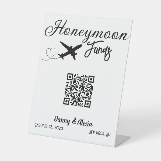 Honeymoon Funds QR Code Hochzeitsflugzeug Sockelschild (Vorderseite)
