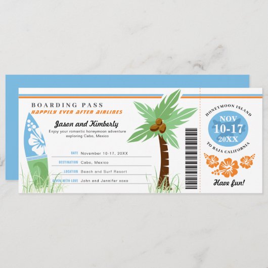 Honeymoon Gift Boarding Pass Palm Tree Surf Board Einladung (Vorne/Hinten)
