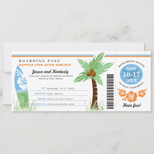 Honeymoon Gift Boarding Pass Palm Tree Surf Board Einladung (Vorderseite)