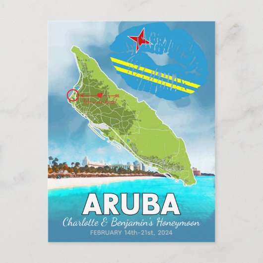 Honeymoon Vacation Erinnerungen Aruba Insel Karte (Vorderseite)
