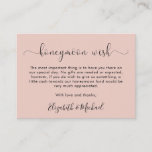 Honeymoon Wish Blush Wedding Begleitkarte<br><div class="desc">Blush rosa Flitterwochen wünschen eine Hochzeitszimmerkarte mit "Flitterwochenwunsch" in einem eleganten Drehbuch mit Wimpern. Personalisieren Sie Ihre Nachricht und fügen Sie Ihre Namen in ein signaturähnliches Skript ein. Auf der Rückseite finden Sie Ihre Vornamen und das Hochzeitstermin.</div>