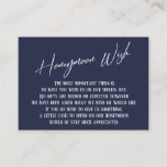 Honeymoon Wish Modern Handwriting Navy Blue Begleitkarte<br><div class="desc">Diese einfachen, unverwechselbaren Karteneinsätze wurden so konzipiert, dass sie anderen Elementen in einer wachsenden Veranstaltungspalette entsprechen, die über einen modernen lässigen Schriftart mit einem schlichten Hintergrund verfügt, in dem Sie alle gewünschten Farben einstellen können. Auf der Vorderseite lesen Sie "Honeymoon Wish" in der vorgestellten Schrift. auf der Rückseite habe ich...</div>