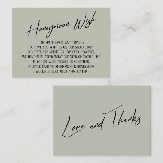 Honeymoon Wish Modern Handwriting Sage Green Begleitkarte (Vorne/Hinten)
