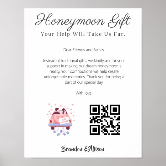 Honeymoon Wish Travel Fund Anforderung Geschenk Qr Poster (Vorne)