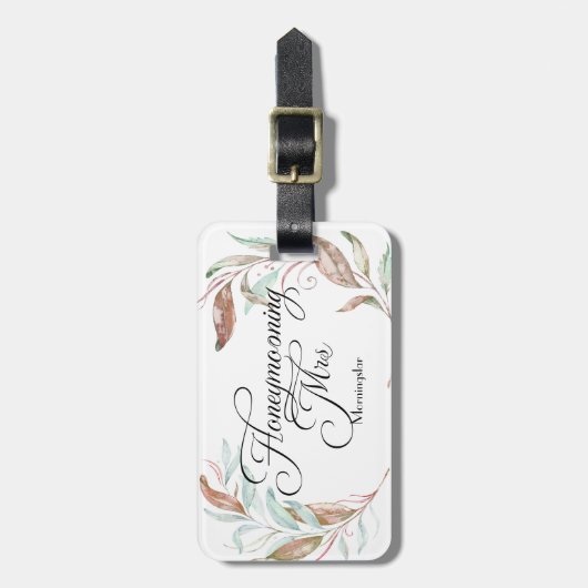 Honeymooning MRS. Watercolor Eukalyptus-Blätter Gepäckanhänger (Vorderseite vertikal)