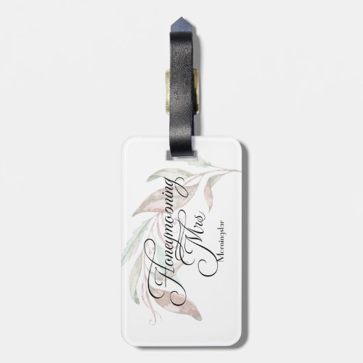 Honeymooning MRS. Watercolor Eukalyptus-Blätter Gepäckanhänger (Rückseite vertikal)