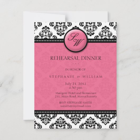 Honeysuckle Damask Monogram Probe Dinner Card Einladung (Vorderseite)