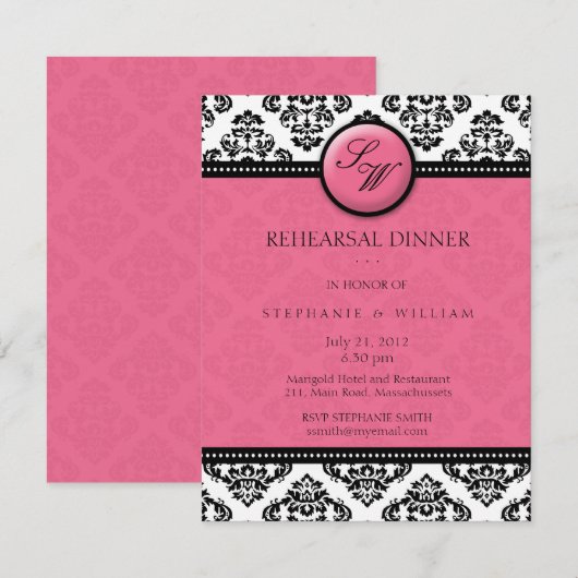 Honeysuckle Damask Monogram Probe Dinner Card Einladung (Vorne/Hinten)