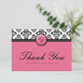 Honeysuckle Damask Monogram Wedding Danke Card (Stehend Vorderseite)