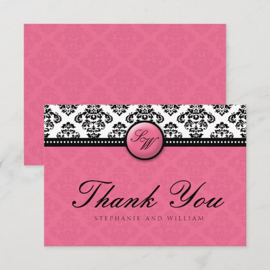 Honeysuckle Damask Monogram Wedding Danke Card (Vorne/Hinten)