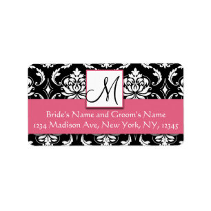 Honeysuckle Pink Damask Monogram Address Labels Adressaufkleber