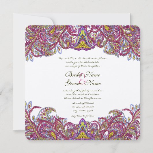 Honeysuckle Pink Peacock Paisley Wedite Invite Einladung (Vorderseite)