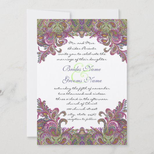 Honeysuckle Raspberry Peacock Paisley Wedding Einladung (Vorderseite)