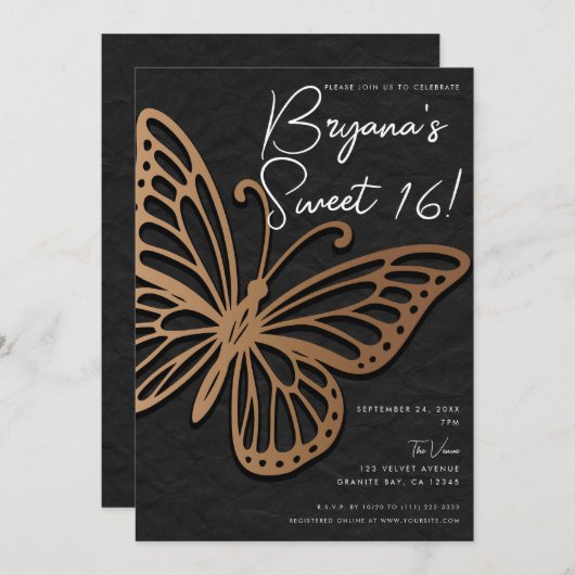 Honeywind Brown Black Boho Butterfly Sweet 16 Einladung (Vorne/Hinten)