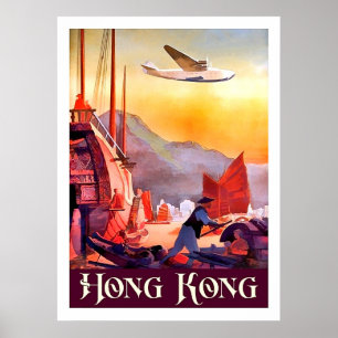 Hong Kong, Boote auf Stadt tragen, Vintage Poster