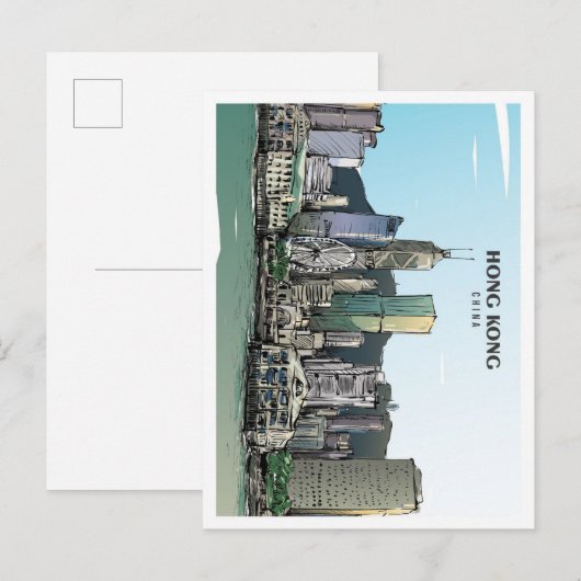 Hong Kong China Sketch Art Vintage Postkarte (Vorne/Hinten)
