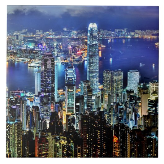 Hong Kong-NachtSkyline Fliese (Vorderseite)