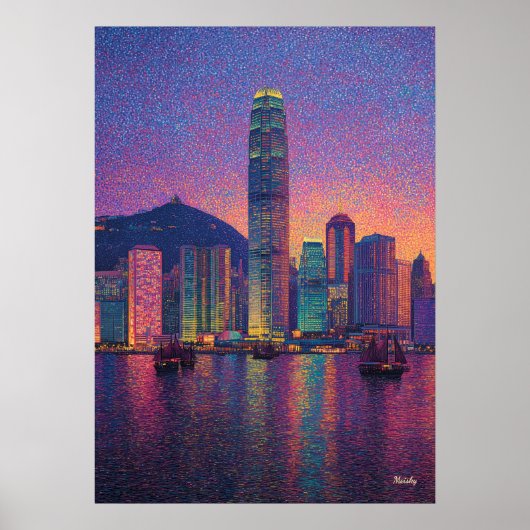 Hong Kong Skyline Pointillism Sunset Cityscape Poster (Vorne)