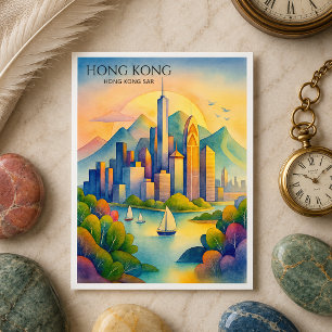 Hong Kong Skyline Watercolor Postcard Gif Feiertagspostkarte