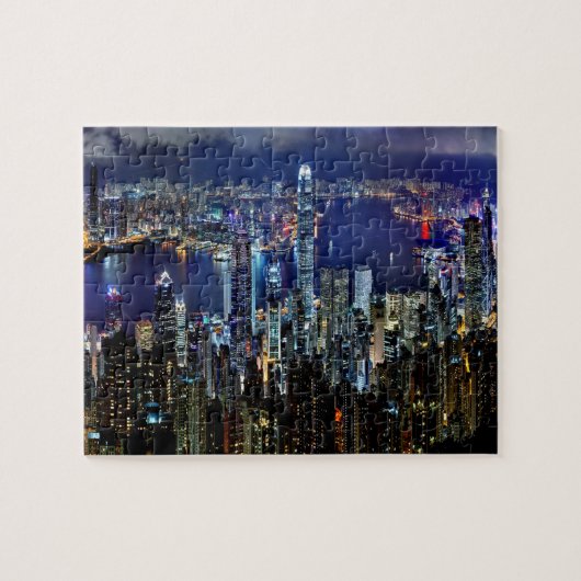 Hong Kong-Stadt-Skyline-Lichter nachts Puzzle (Horizontal)