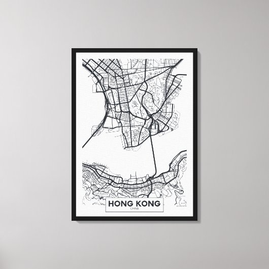 Hongkong, China | Schwarz-Weiß-Stadtplan Leinwanddruck (Vorderseite)