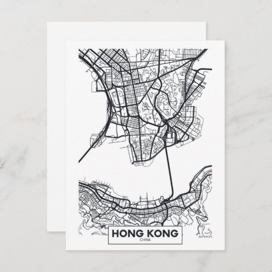 Hongkong, China | Schwarz-Weiß-Stadtplan Postkarte (Vorne/Hinten)