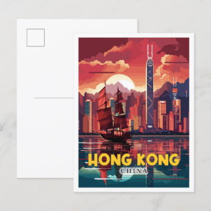Hongkong China Vintage Reise Illustration Postkarte