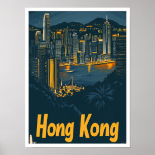 Hongkong China Vintage Travel Illustration Poster