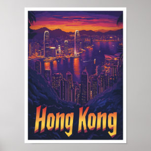 Hongkong China Vintage Travel Illustration Poster