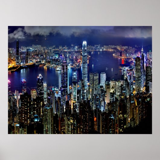 Hongkong City Skyline Lights - Nacht Poster (Vorne)