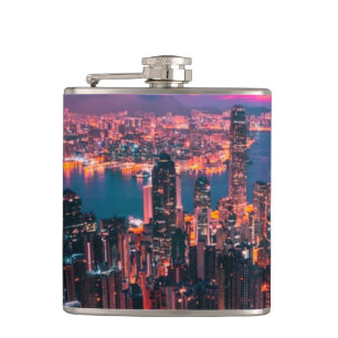 Hongkong Skycraper Skyline Night Lights Flachmann
