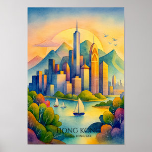Hongkong Skyline Aquarell Reise Poster