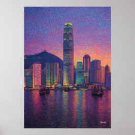 Hongkong-Skyline Pointillismus-Sonnenuntergang-Sta Poster