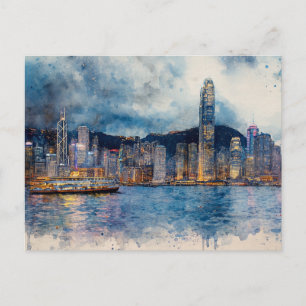Hongkong-Stadtansicht - Wasserfarben-Splash-Gemäld Postkarte