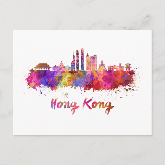 Hongkong V2 Skyline in Aquarellfarben Postkarte (Vorderseite)