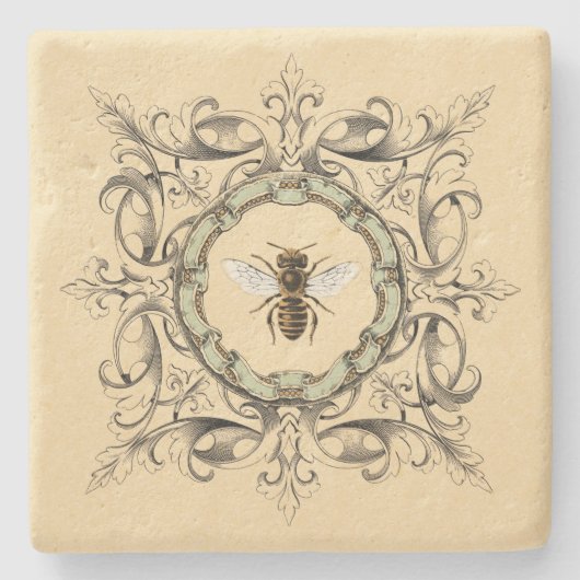 Honig-Biene und Vintager verzierter Rahmen Steinuntersetzer (Vorderseite)